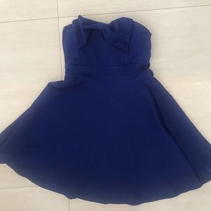 Blue strapless mini dress with bow along neckline